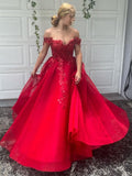 A-Line/Elegant Off-the-Shoulder Tulle Applique Sleeveless Floor-Length Prom Dresses