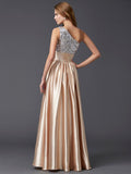 A-Line/Elegant One-Shoulder Sleeveless Paillette Long Elastic Woven Satin Prom Dresses