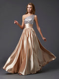A-Line/Elegant One-Shoulder Sleeveless Paillette Long Elastic Woven Satin Prom Dresses