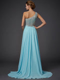 A-Line/Elegant One-Shoulder Sleeveless Ruffles Long Chiffon Prom Dresses