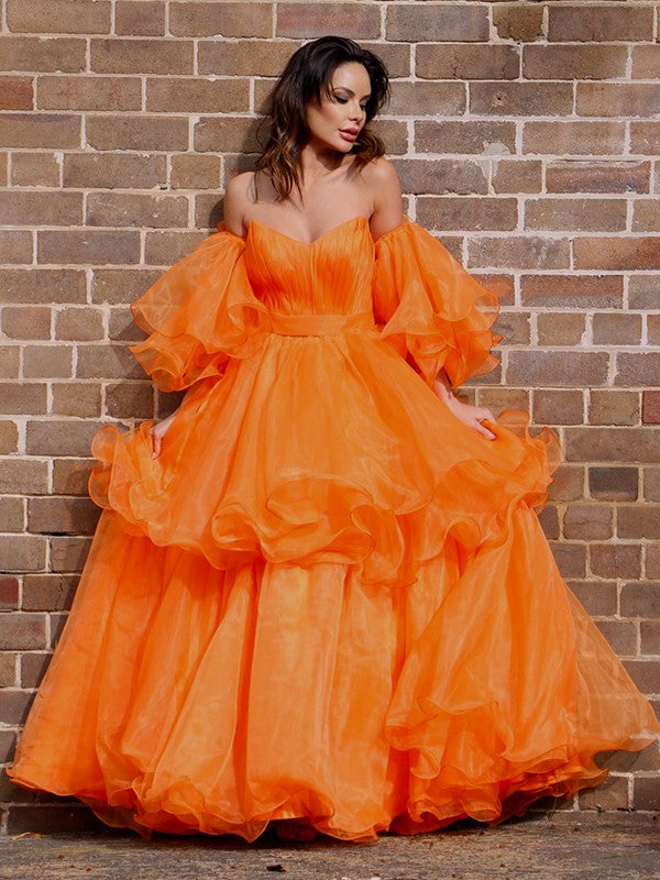 A-Line/Elegant Organza Off-the-Shoulder Layers Long Sleeves Floor-Length Prom Dresses