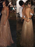A-Line/Elegant Paillette Tulle V-neck Floor-Length Sleeveless Prom Dresses