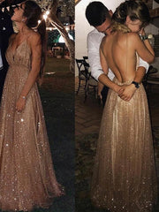 A-Line/Elegant Paillette Tulle V-neck Floor-Length Sleeveless Prom Evening Dresses