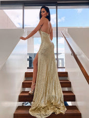 A-Line/Elegant Ruched Sequins Sleeveless Halter Prom Evening Dresses