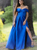 A-Line/Elegant Ruffles Satin Off-the-Shoulder Sleeveless Floor-Length Prom Dresses