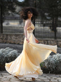 A-Line/Elegant Ruffles Satin Sleeveless V-neck Prom Dresses