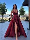 A-Line/Elegant Ruffles Satin Spaghetti Straps Sleeveless Floor-Length Prom Dresses