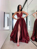 A-Line/Elegant Ruffles V-neck Satin Sleeveless Prom Dresses