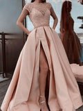 A-Line/Elegant Satin Beading Scoop Short Sleeves Prom Dresses
