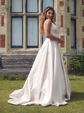 A-Line/Elegant Satin Beading V-neck Sleeveless Prom Dresses
