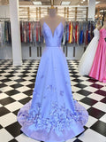 A-Line/Elegant Satin Hand-Made Flower V-neck Sleeveless Prom Dresses