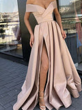 A-Line/Elegant Satin Ruffles Off-the-Shoulder Sleeveless Prom Dresses