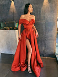 A-Line/Elegant Satin Ruffles Off-the-Shoulder Sleeveless Prom Dresses