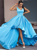A-Line/Elegant Satin Ruffles V-neck Sleeveless Asymmetrical Prom Dresses