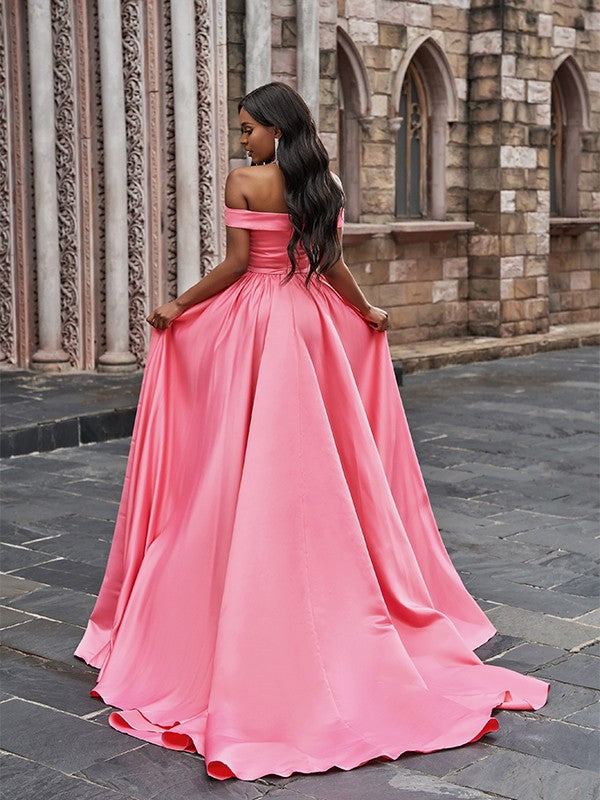 A-Line/Elegant Satin Sleeveless Ruffles Off-the-Shoulder Court Train Prom Dresses