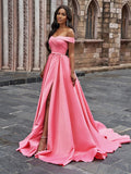 A-Line/Elegant Satin Sleeveless Ruffles Off-the-Shoulder Court Train Prom Dresses
