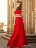 A-Line/Elegant Scoop Beading Sleeveless Floor-length Chiffon Prom Dresses