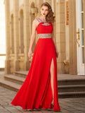 A-Line/Elegant Scoop Beading Sleeveless Floor-length Chiffon Prom Dresses