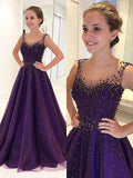 A-Line/Elegant Scoop Floor-Length Tulle Sleeveless Beading Prom Dresses