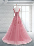 A-Line/Elegant Scoop Sleeveless Applique Tulle Prom Dresses