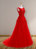 A-Line/Elegant Scoop Sleeveless Applique Tulle Prom Dresses