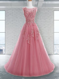 A-Line/Elegant Scoop Sleeveless Applique Tulle Prom Dresses