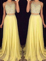 A-Line/Elegant Scoop Sleeveless Beading Chiffon Two Piece Prom Dresses