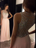 A-Line/Elegant Scoop Sleeveless Chiffon Crystal Floor-Length Prom Dresses