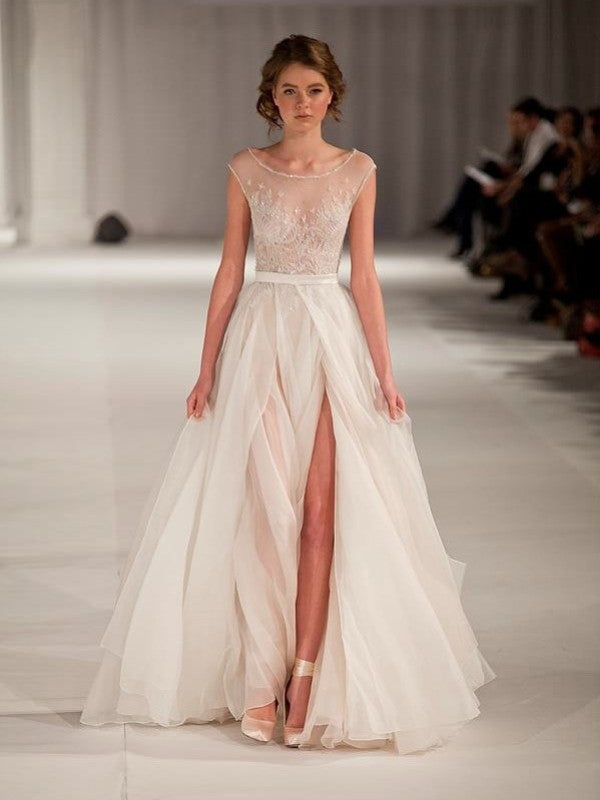 A-Line/Elegant Scoop Sleeveless Short Sleeves Floor-length Organza Prom Prom Dresses