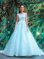 A-Line/Elegant Scoop Sleeveless Tulle Applique Prom Dresses