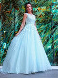 A-Line/Elegant Scoop Sleeveless Tulle Applique Prom Dresses