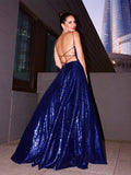 A-Line/Elegant Sequins Spaghetti Straps Ruffles Sleeveless Floor-Length Prom Dresses