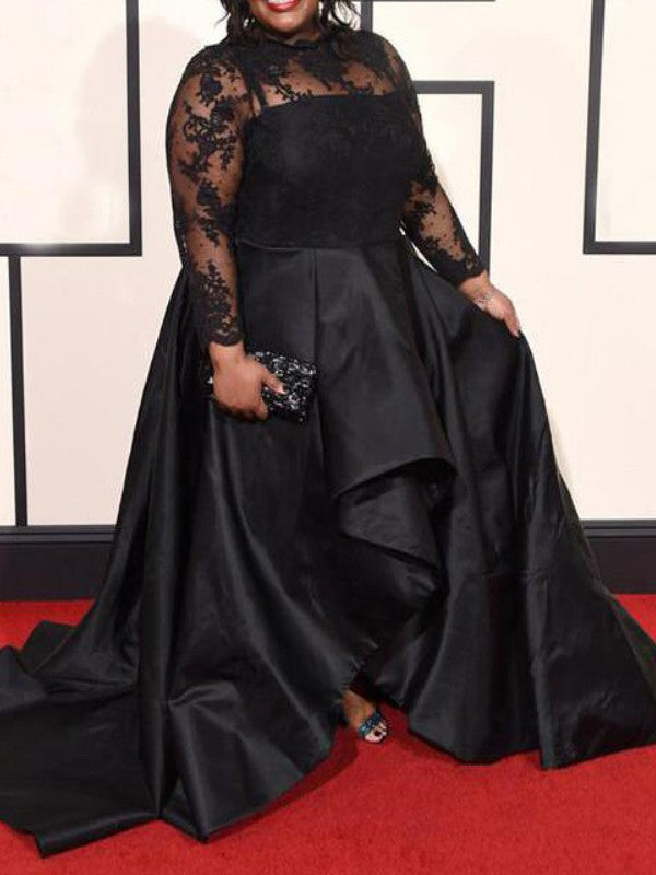 A-Line/Elegant Sheer Neck Long Sleeves Applique Asymmetrical Satin Plus Size Prom Dresses