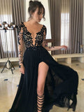 A-Line/Elegant Sheer Neck Long Sleeves Lace Floor-Length Chiffon Prom Dresses