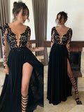 A-Line/Elegant Sheer Neck Long Sleeves Lace Floor-Length Chiffon Prom Dresses