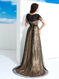 A-Line/Elegant Sheer Neck Paillette Short Sleeves Long Net Prom Dresses