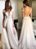 A-Line/Elegant Short Sleeves V-neck Applique Tulle Prom Dresses
