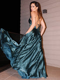 A-Line/Elegant Silk like Satin V-neck Ruffles Sleeveless Floor-Length Prom Dresses