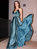A-Line/Elegant Silk like Satin V-neck Ruffles Sleeveless Floor-Length Prom Dresses