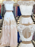 A-Line/Elegant Sleeveless Bateau Chiffon Lace Floor-Length Two Piece Prom Dresses