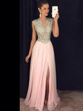 A-Line/Elegant Sleeveless Bateau Chiffon Sequin Floor-Length Prom Dresses