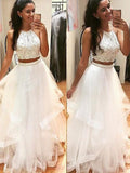 A-Line/Elegant Sleeveless Halter Floor-Length Beading Tulle Prom Dresses