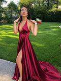 A-Line/Elegant Sleeveless Halter Ruffles Silk like Satin Prom Dresses