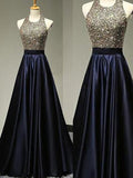 A-Line/Elegant Sleeveless Halter Satin Floor-Length Beading Prom Dresses