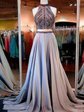 A-Line/Elegant Sleeveless High Neck Satin Beading Two Piece Prom Dresses