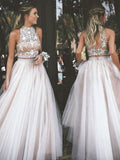 A-Line/Elegant Sleeveless High Neck Tulle Beading Floor-Length Prom Dresses