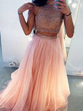 A-Line/Elegant Sleeveless High Neck Tulle Beading Two Piece Prom Dresses