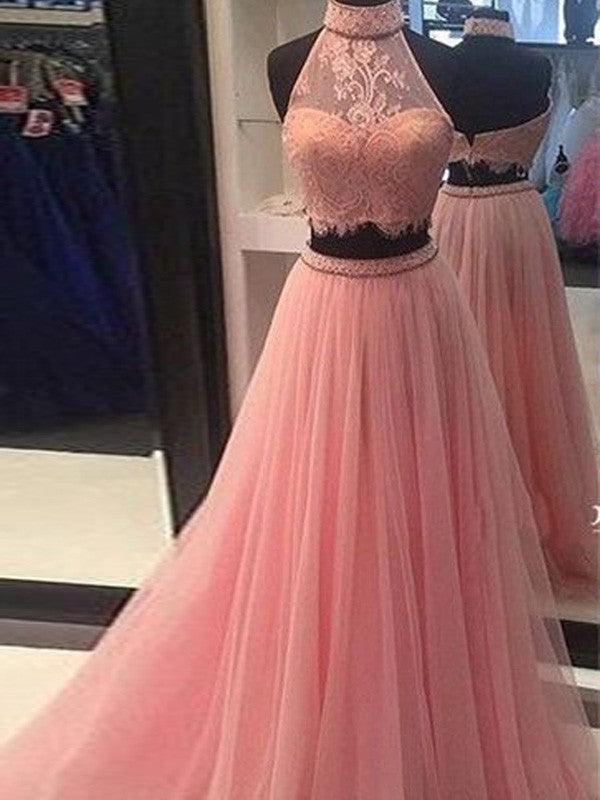 A-Line/Elegant Sleeveless High Neck Tulle Lace Floor-Length Two Piece Prom Dresses