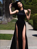 A-Line/Elegant Sleeveless Jewel Floor-Length Sequin Prom Dresses