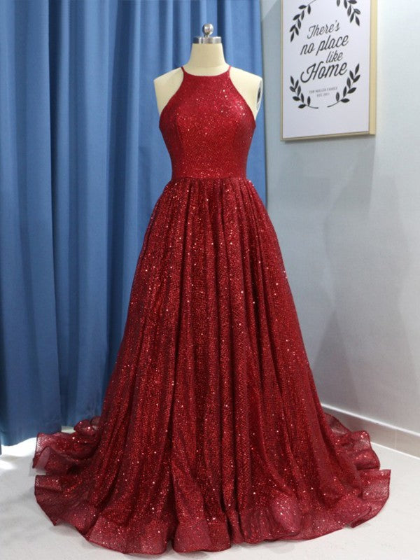 A-Line/Elegant Sleeveless Jewel Ruffles Sequins Prom Dresses